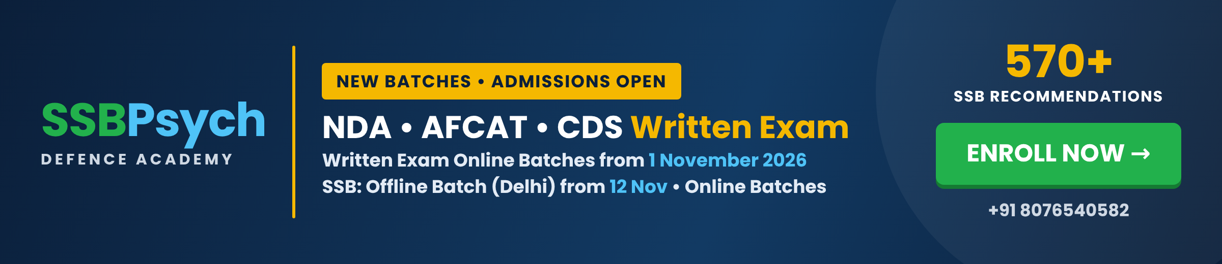SSBPsych new batches - NDA, AFCAT, CDS written exam and SSB batches